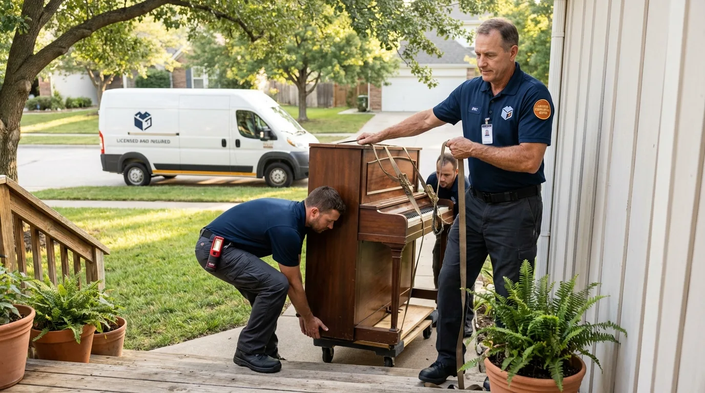 Licensed piano movers securing grand piano in Ferrum, VA